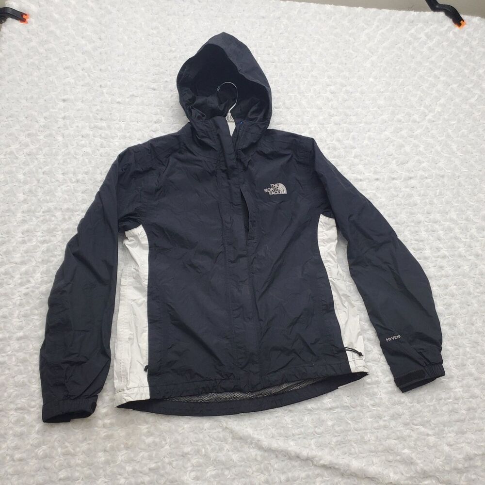 The North Face HyVent Rain Jacket Womens S Black White Hooded Windbreaker Coat
